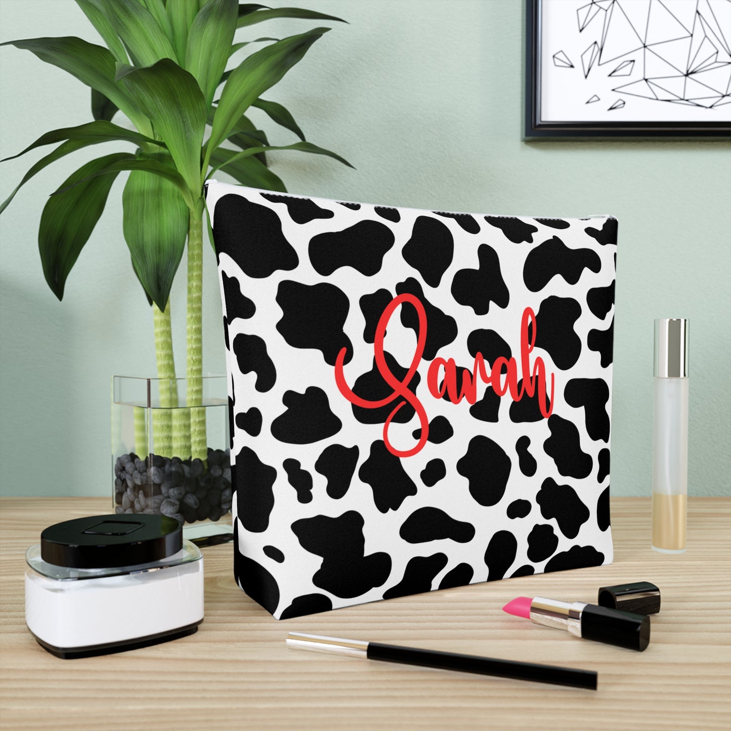 Personalized Cow Print Cosmetic Bag | Stylish Makeup Organizer, Gift for Her, Travel Essentials, Custom Name Pouch