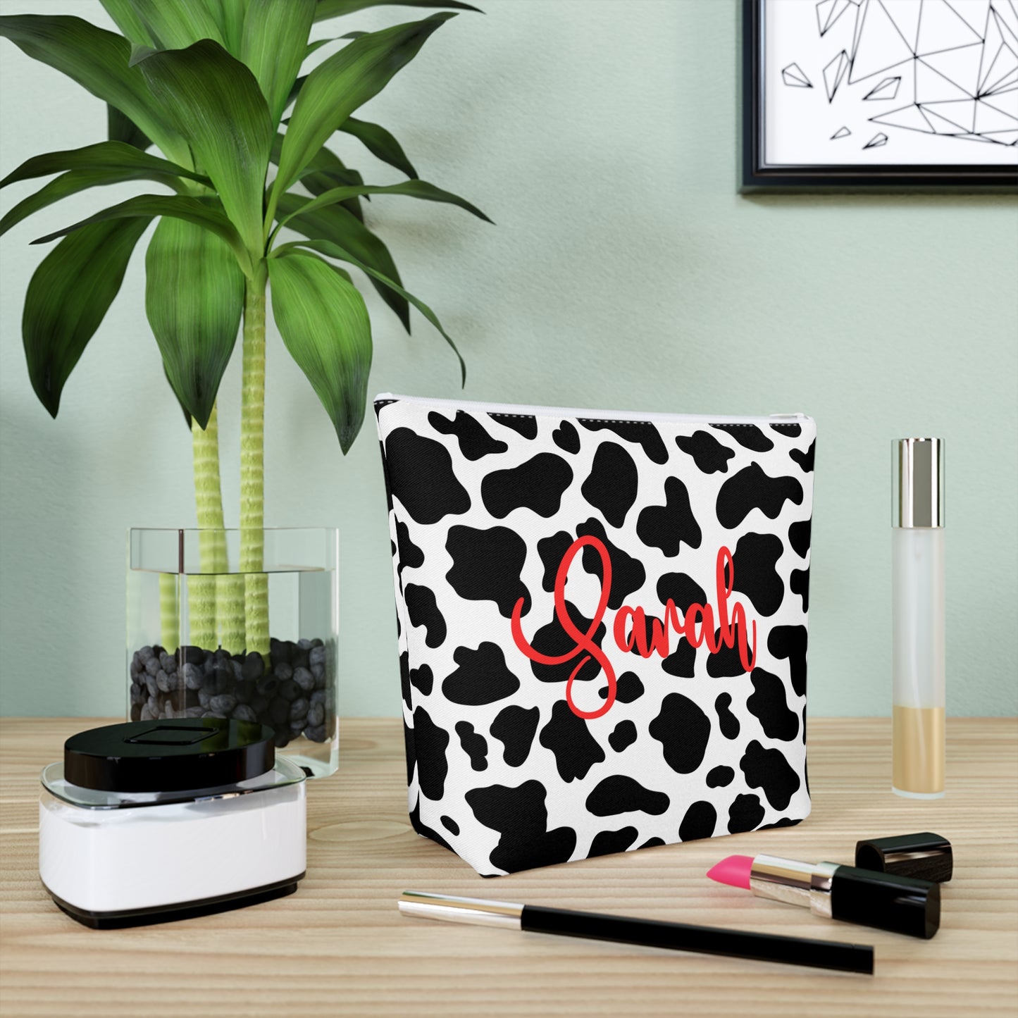 Personalized Cow Print Cosmetic Bag | Stylish Makeup Organizer, Gift for Her, Travel Essentials, Custom Name Pouch