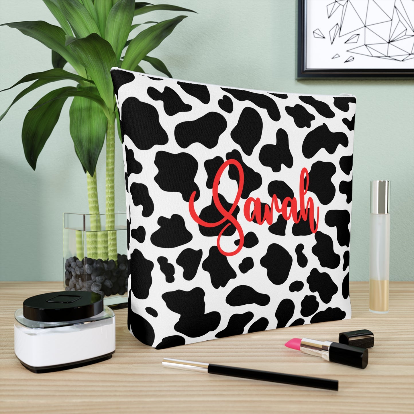 Personalized Cow Print Cosmetic Bag | Stylish Makeup Organizer, Gift for Her, Travel Essentials, Custom Name Pouch