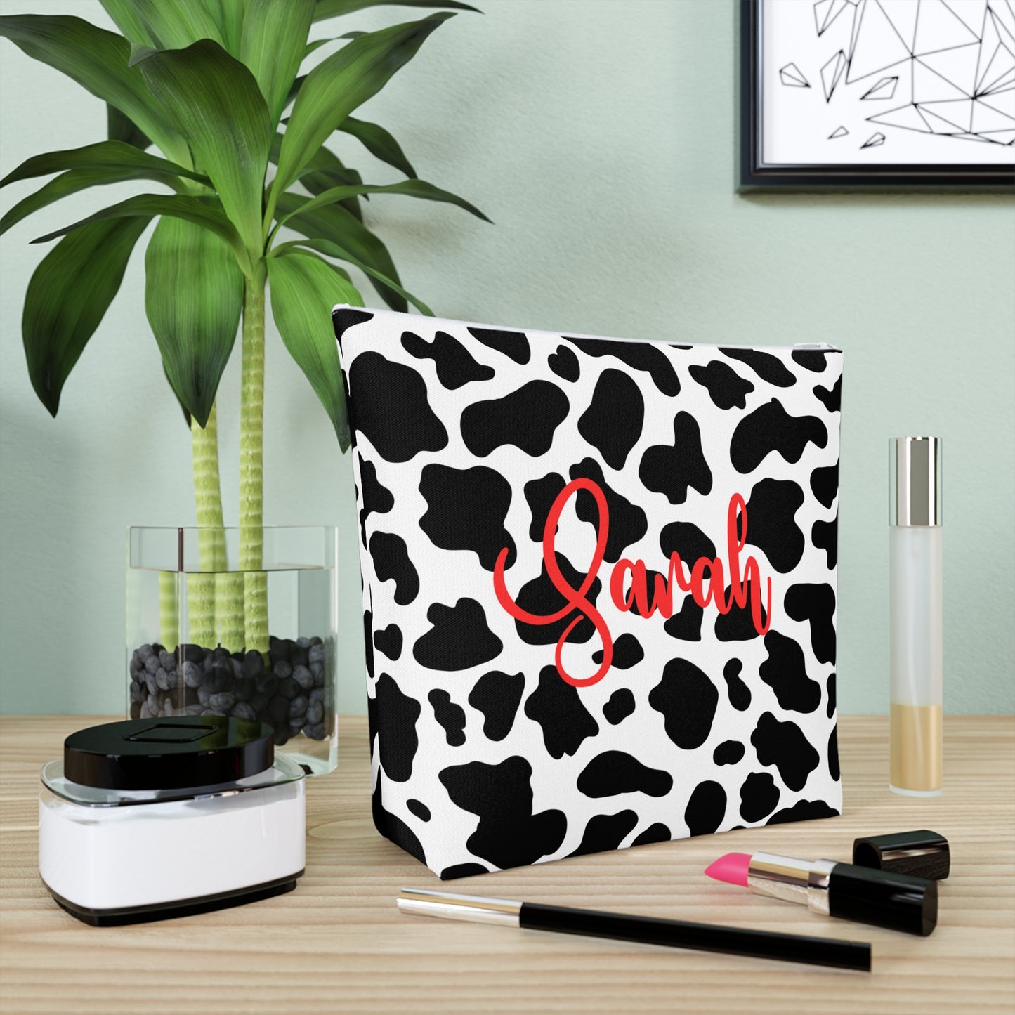 Personalized Cow Print Cosmetic Bag | Stylish Makeup Organizer, Gift for Her, Travel Essentials, Custom Name Pouch