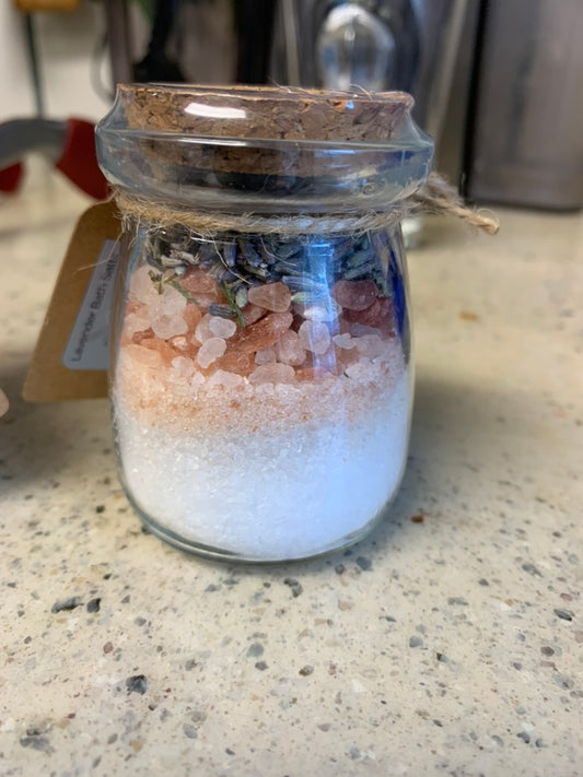 Lavender Bath Salts in Charming Yogurt Jar with Jute Bow 3.5 oz