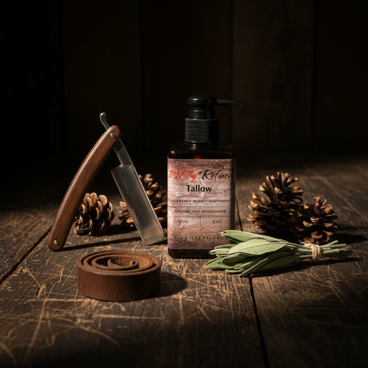 Wildly Refined Tallow Aftershave Lotion on dark wood with razor and pine cones