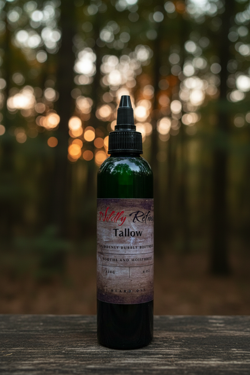 Wildly Refined Beard Oil bottle standing on dark wood with forest bokeh background