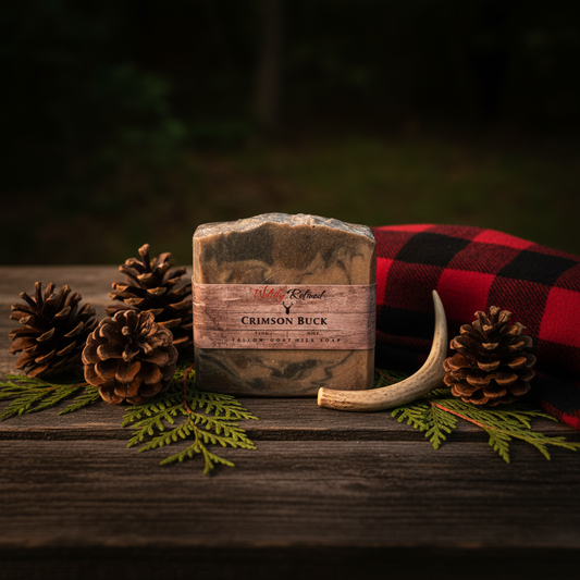 Wildly Refined Crimson Buck soap on dark wood with pine cones and cedar