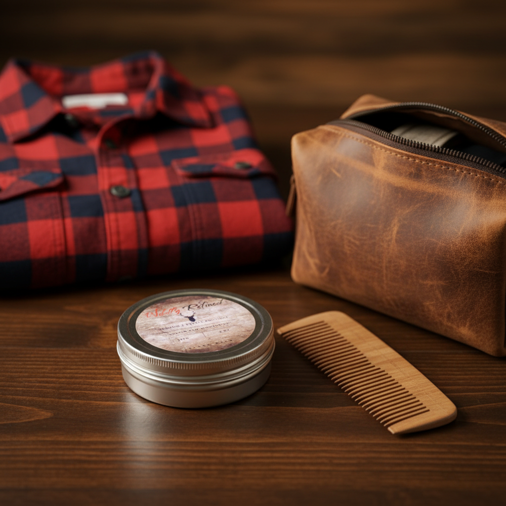 Wildly Refined Beard Balm tin with leather dopp kit and flannel in cabin setting