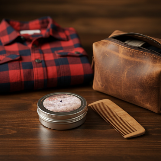 Wildly Refined Beard Balm tin with leather dopp kit and flannel in cabin setting