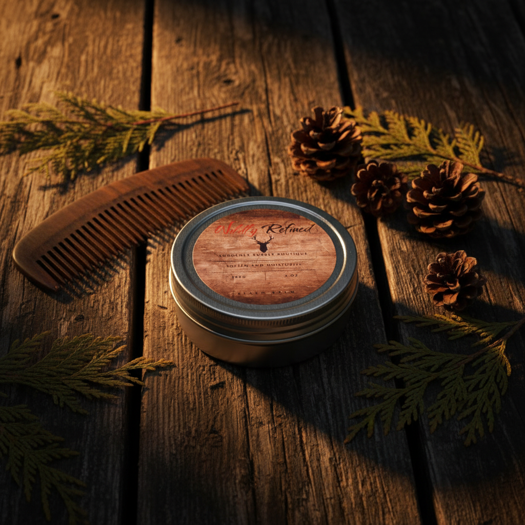 Wildly Refined Beard Balm tin on dark wood with beard comb and pine cones