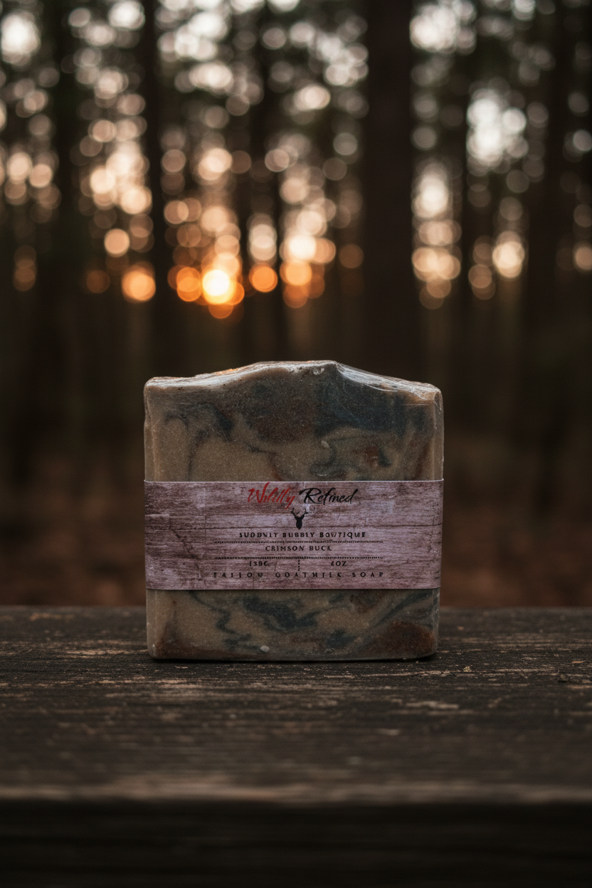 Wildly Refined Crimson Buck soap standing upright with forest bokeh background
