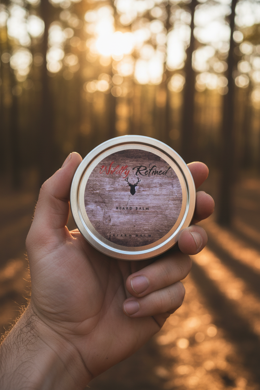 Wildly Refined Beard Balm tin held at golden hour in forest setting