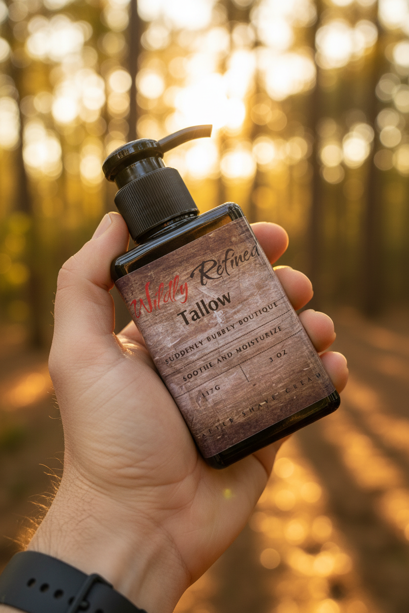 Wildly Refined Tallow Aftershave Lotion held at golden hour in forest setting