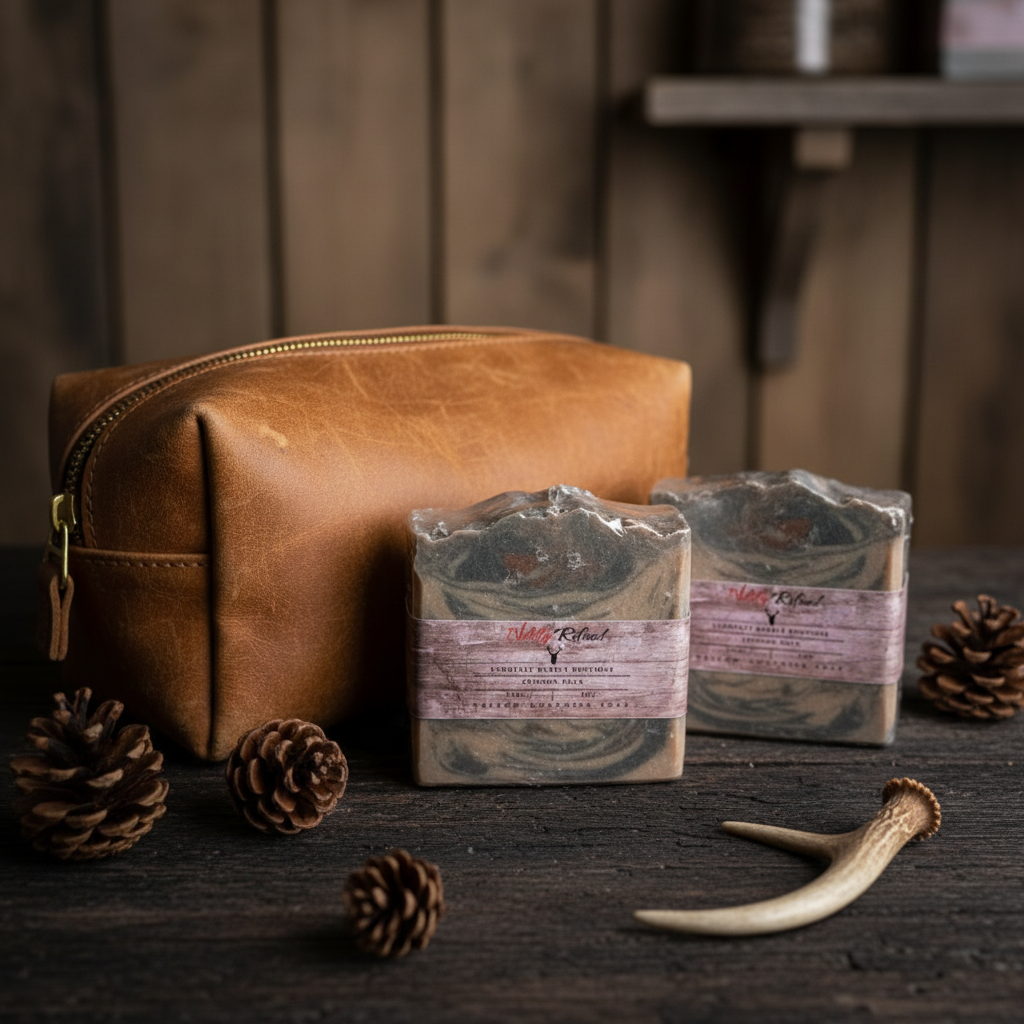 Wildly Refined Crimson Buck soap bars with leather dopp kit and antler shed